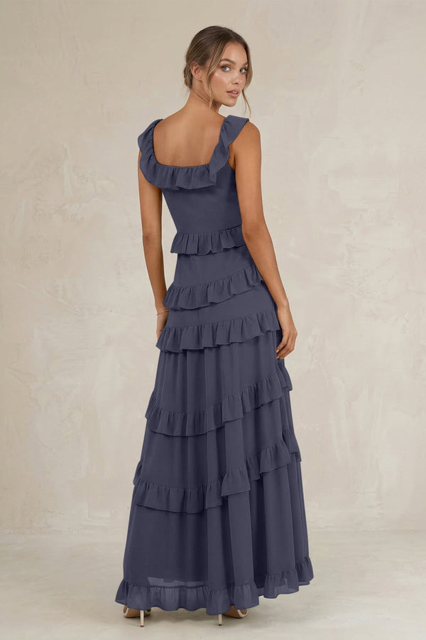 Tiered Square Neck Ruffled A - Line Bridesmaid Dress in Dusk Blue - KissProm Bridesmaid Dresses
