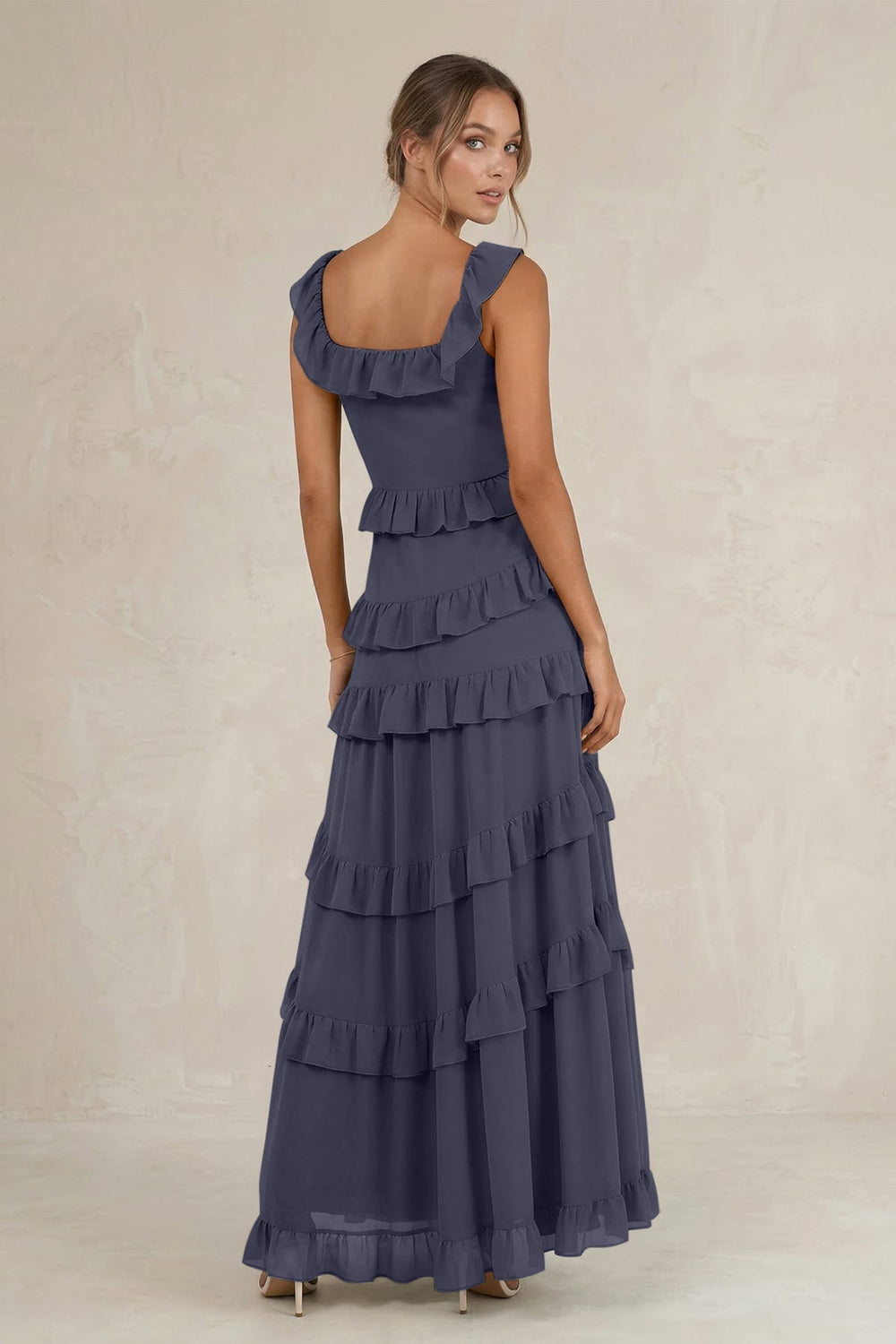 Tiered Square Neck Ruffled A - Line Bridesmaid Dress in Dusk Blue - KissProm Bridesmaid Dresses