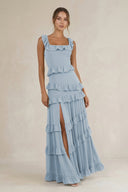 Tiered Square Neck Ruffled A - Line Bridesmaid Dress in Dusty Blue - KissProm Bridesmaid Dresses