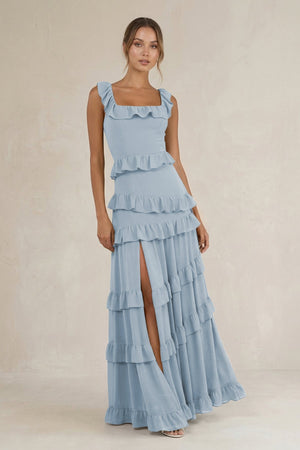 Tiered Square Neck Ruffled A - Line Bridesmaid Dress in Dusty Blue - KissProm Bridesmaid Dresses