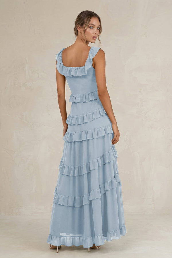Tiered Square Neck Ruffled A - Line Bridesmaid Dress in Dusty Blue - KissProm Bridesmaid Dresses