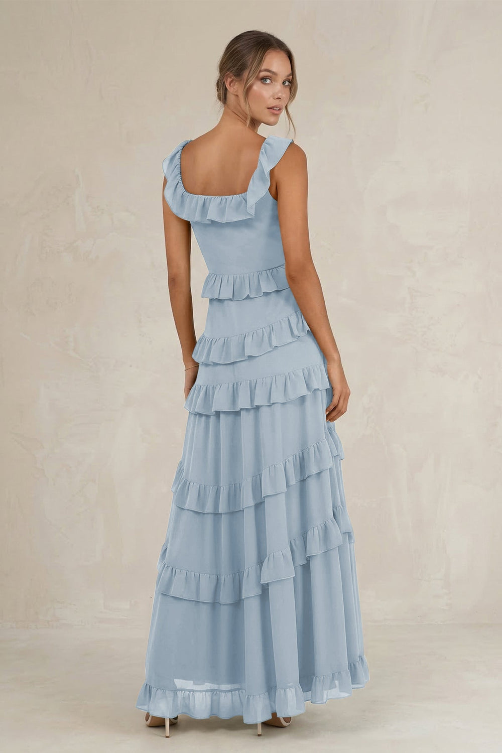 Tiered Square Neck Ruffled A - Line Bridesmaid Dress in Dusty Blue - KissProm Bridesmaid Dresses