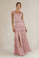 Tiered Square Neck Ruffled A - Line Bridesmaid Dress in Dusty Rose - KissProm Bridesmaid Dresses