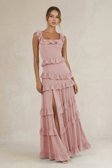 Tiered Square Neck Ruffled A - Line Bridesmaid Dress in Dusty Rose - KissProm Bridesmaid Dresses