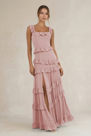 Tiered Square Neck Ruffled A - Line Bridesmaid Dress in Dusty Rose - KissProm Bridesmaid Dresses