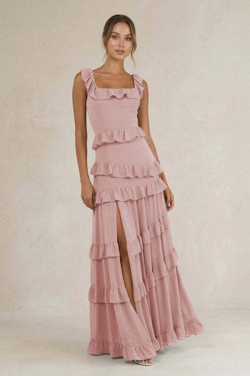 Tiered Square Neck Ruffled A - Line Bridesmaid Dress in Dusty Rose - KissProm Bridesmaid Dresses