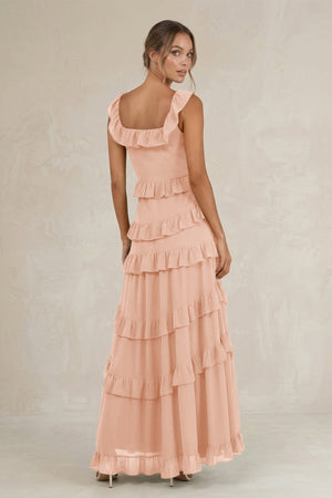 Tiered Square Neck Ruffled A - Line Bridesmaid Dress in English Rose - KissProm Bridesmaid Dresses