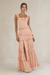 Tiered Square Neck Ruffled A - Line Bridesmaid Dress in English Rose - KissProm Bridesmaid Dresses