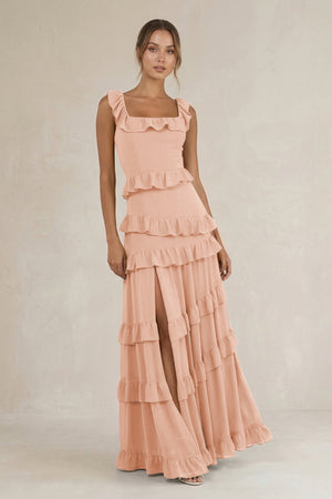 Tiered Square Neck Ruffled A - Line Bridesmaid Dress in English Rose - KissProm Bridesmaid Dresses