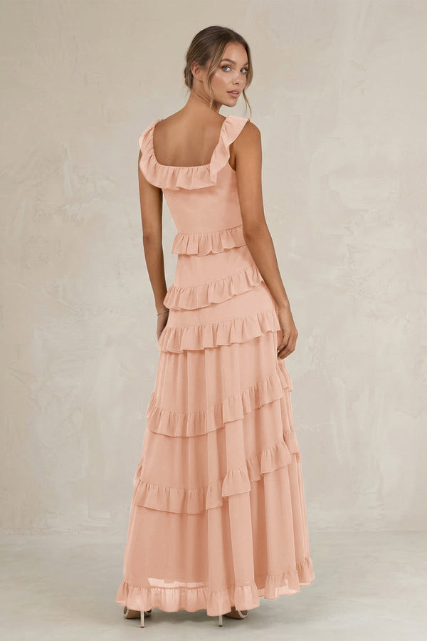 Tiered Square Neck Ruffled A - Line Bridesmaid Dress in English Rose - KissProm Bridesmaid Dresses