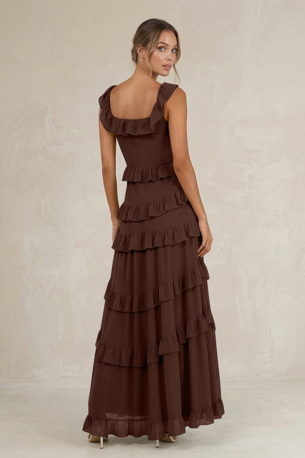 Tiered Square Neck Ruffled A - Line Bridesmaid Dress in Espresso - KissProm Bridesmaid Dresses
