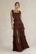 Tiered Square Neck Ruffled A - Line Bridesmaid Dress in Espresso - KissProm Bridesmaid Dresses