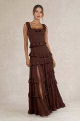 Tiered Square Neck Ruffled A - Line Bridesmaid Dress in Espresso - KissProm Bridesmaid Dresses