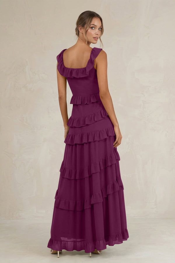 Tiered Square Neck Ruffled A - Line Bridesmaid Dress in Fig - KissProm Bridesmaid Dresses