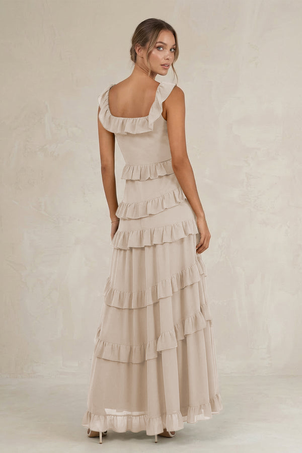 Tiered Square Neck Ruffled A - Line Bridesmaid Dress in Frost - KissProm Bridesmaid Dresses