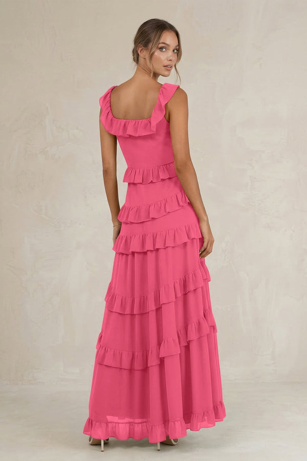 Tiered Square Neck Ruffled A - Line Bridesmaid Dress in Fuchsia - KissProm Bridesmaid Dresses