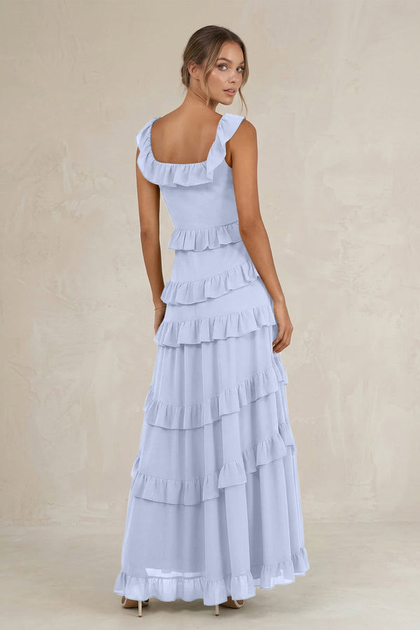 Tiered Square Neck Ruffled A - Line Bridesmaid Dress in Ice - KissProm Bridesmaid Dresses