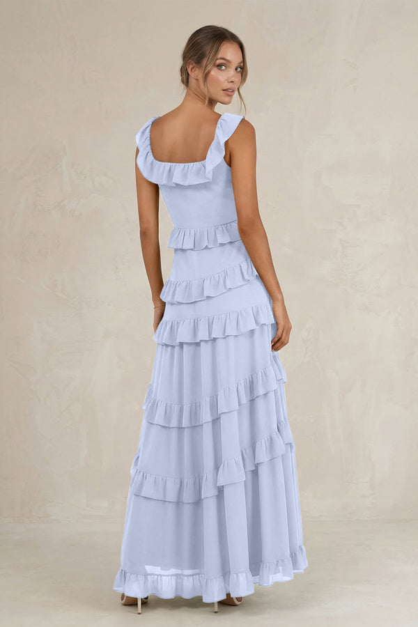 Tiered Square Neck Ruffled A - Line Bridesmaid Dress in Ice - KissProm Bridesmaid Dresses