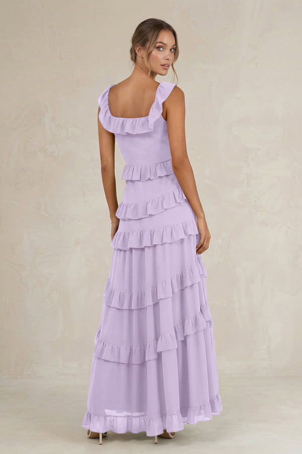 Tiered Square Neck Ruffled A - Line Bridesmaid Dress in Lavender - KissProm Bridesmaid Dresses
