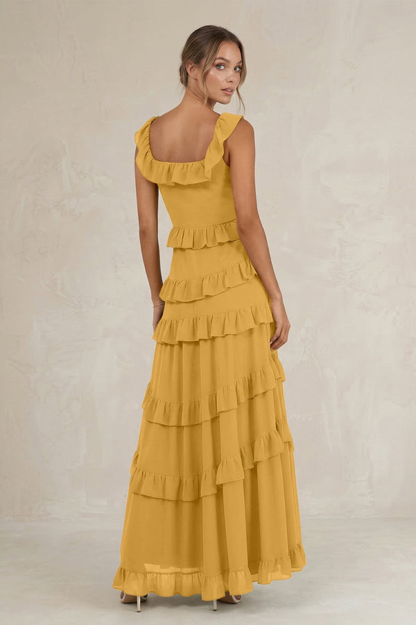Tiered Square Neck Ruffled A - Line Bridesmaid Dress in Marigold - KissProm Bridesmaid Dresses