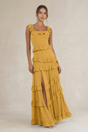 Tiered Square Neck Ruffled A - Line Bridesmaid Dress in Marigold - KissProm Bridesmaid Dresses