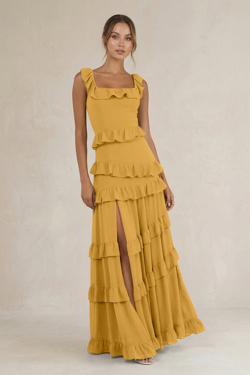 Tiered Square Neck Ruffled A - Line Bridesmaid Dress in Marigold - KissProm Bridesmaid Dresses