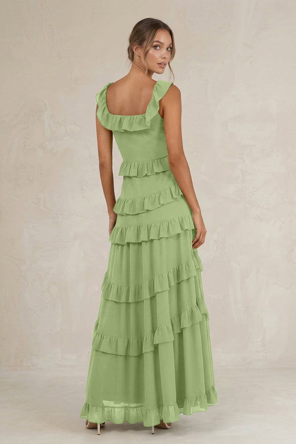 Tiered Square Neck Ruffled A - Line Bridesmaid Dress in Matcha - KissProm Bridesmaid Dresses