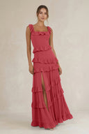 Tiered Square Neck Ruffled A - Line Bridesmaid Dress in Merlot - KissProm Bridesmaid Dresses