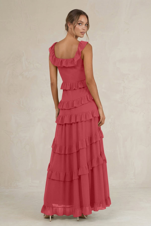 Tiered Square Neck Ruffled A - Line Bridesmaid Dress in Merlot - KissProm Bridesmaid Dresses