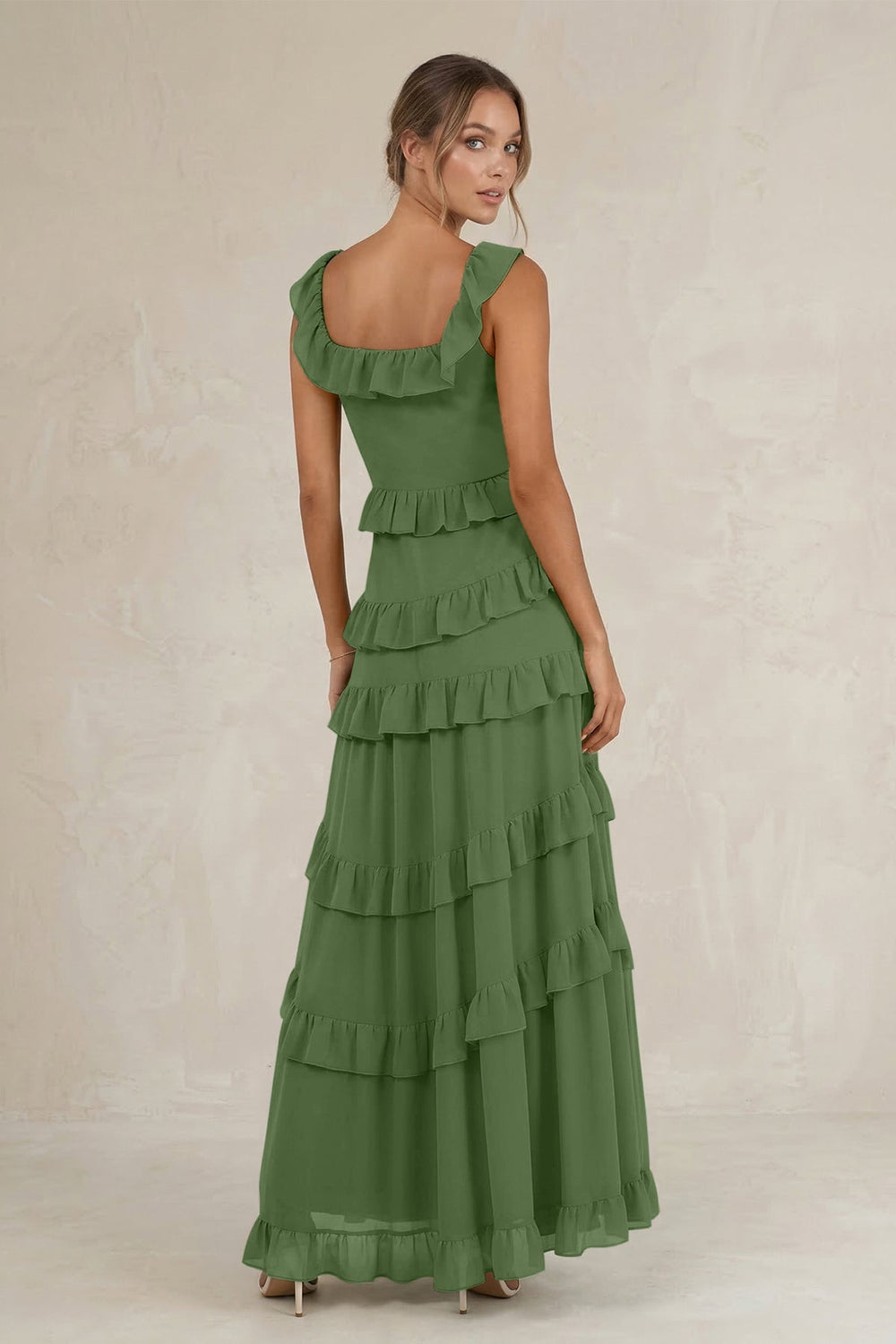 Tiered Square Neck Ruffled A - Line Bridesmaid Dress in Moss - KissProm Bridesmaid Dresses