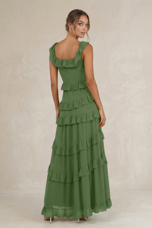 Tiered Square Neck Ruffled A - Line Bridesmaid Dress in Moss - KissProm Bridesmaid Dresses