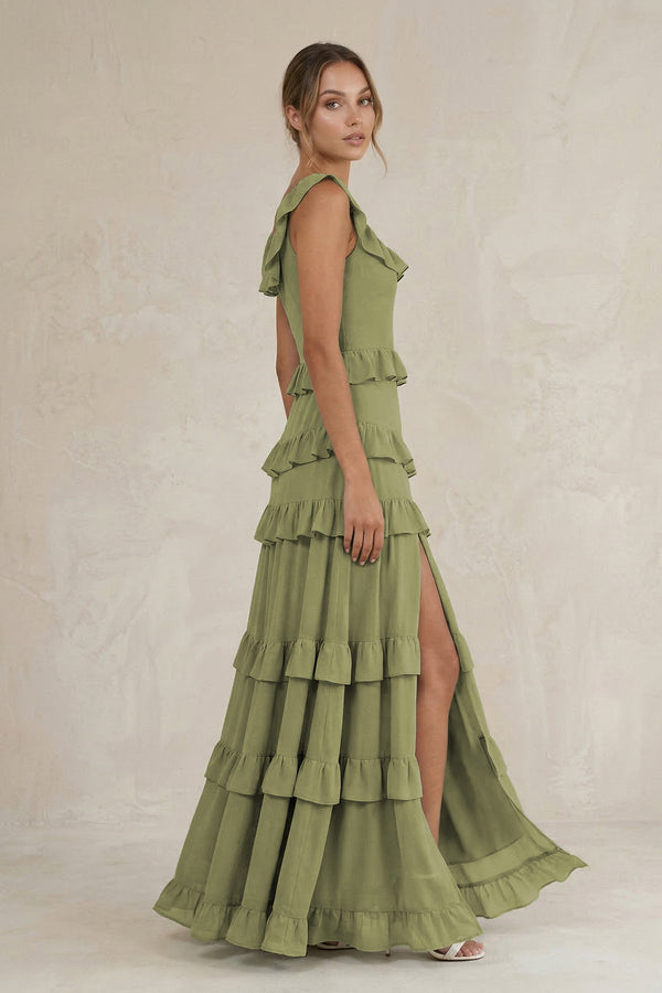 KissProm Tiered Square Neck Ruffled A-Line Bridesmaid Dress in Moss Green, Moss Green / 4