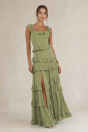 Tiered Square Neck Ruffled A - Line Bridesmaid Dress in Moss Green - KissProm Bridesmaid Dresses