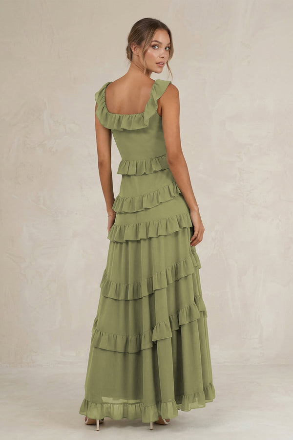 Tiered Square Neck Ruffled A - Line Bridesmaid Dress in Moss Green - KissProm Bridesmaid Dresses