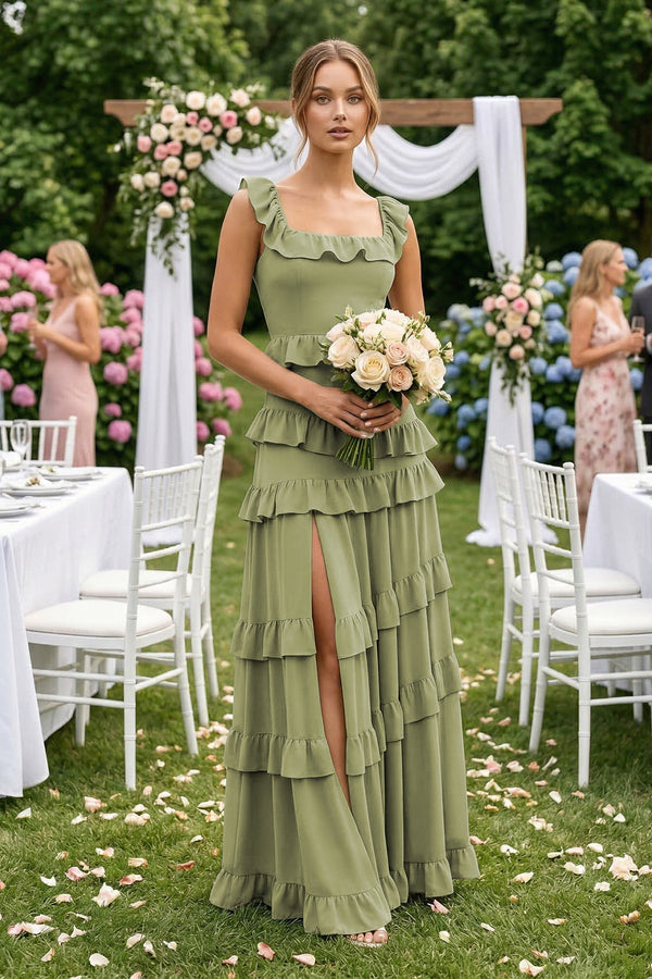 Tiered Square Neck Ruffled A-Line Bridesmaid Dress in Moss Green, Moss Green / 4