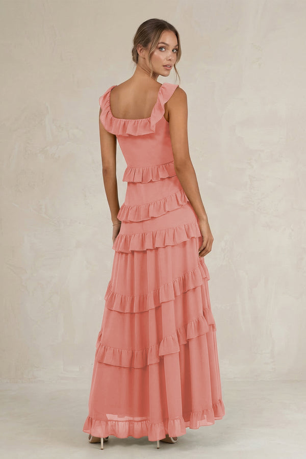 Tiered Square Neck Ruffled A - Line Bridesmaid Dress in Mulberry - KissProm Bridesmaid Dresses