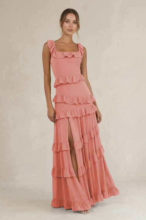 Tiered Square Neck Ruffled A - Line Bridesmaid Dress in Mulberry - KissProm Bridesmaid Dresses