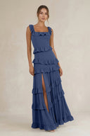 Tiered Square Neck Ruffled A - Line Bridesmaid Dress in Navy - KissProm Bridesmaid Dresses
