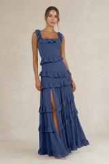 Tiered Square Neck Ruffled A - Line Bridesmaid Dress in Navy - KissProm Bridesmaid Dresses