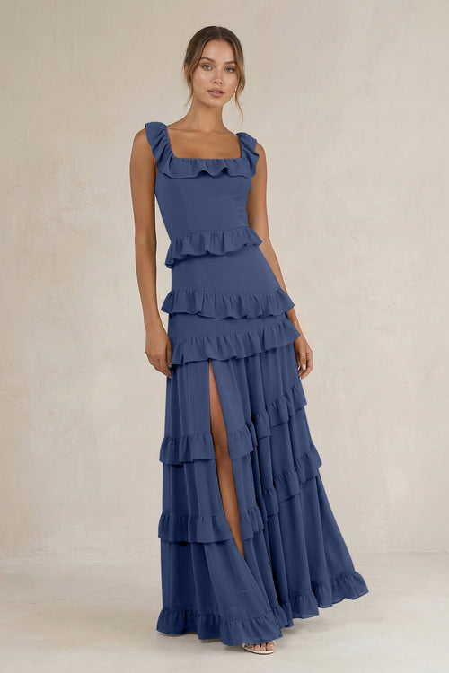 Tiered Square Neck Ruffled A - Line Bridesmaid Dress in Navy - KissProm Bridesmaid Dresses