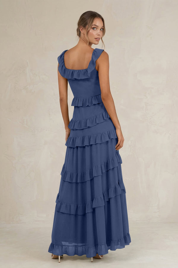 Tiered Square Neck Ruffled A - Line Bridesmaid Dress in Navy - KissProm Bridesmaid Dresses