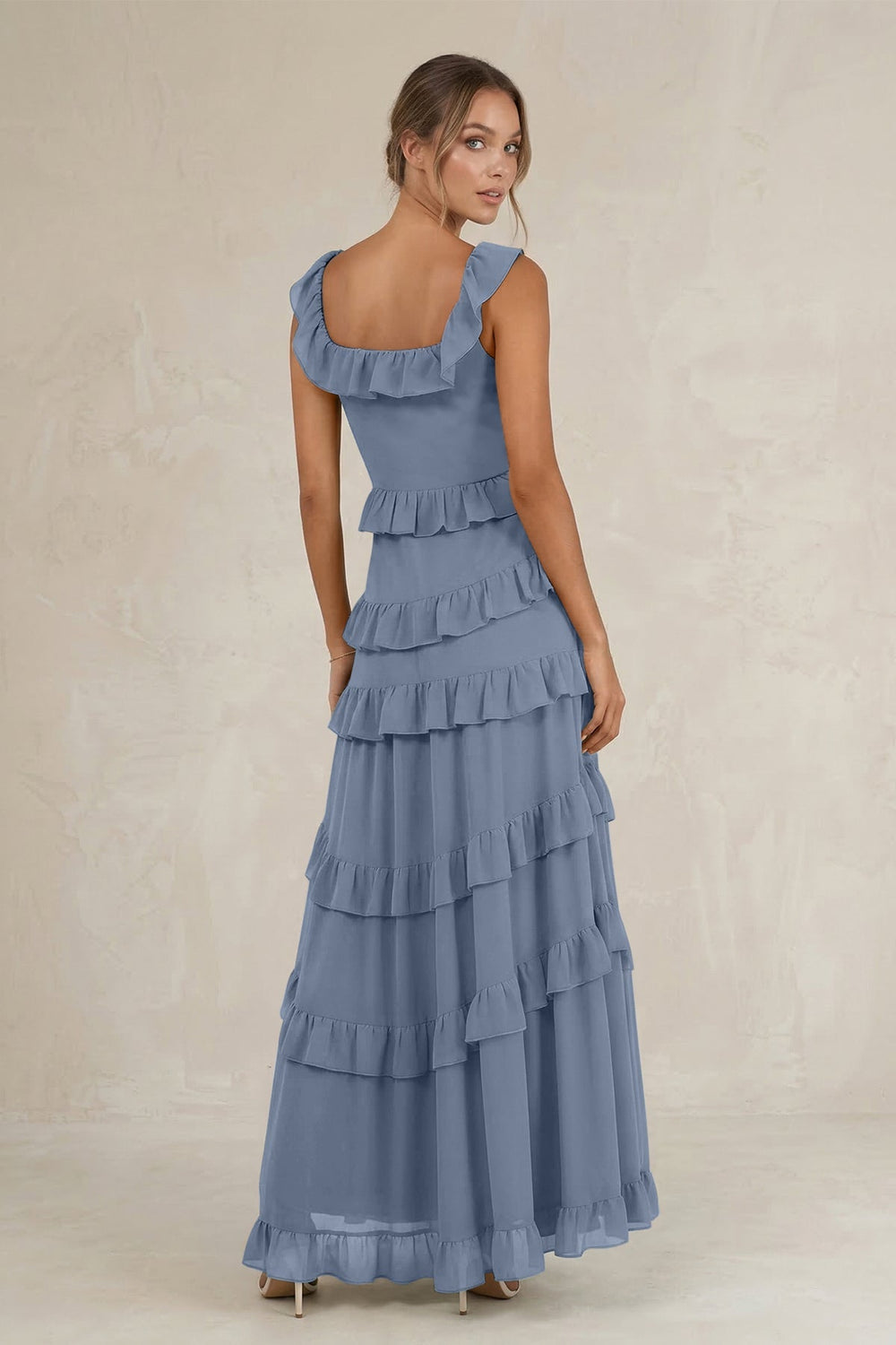 Tiered Square Neck Ruffled A - Line Bridesmaid Dress in Neptune - KissProm Bridesmaid Dresses