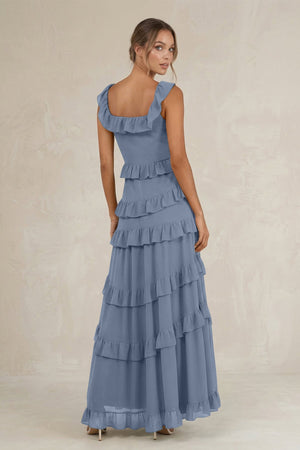 Tiered Square Neck Ruffled A - Line Bridesmaid Dress in Neptune - KissProm Bridesmaid Dresses