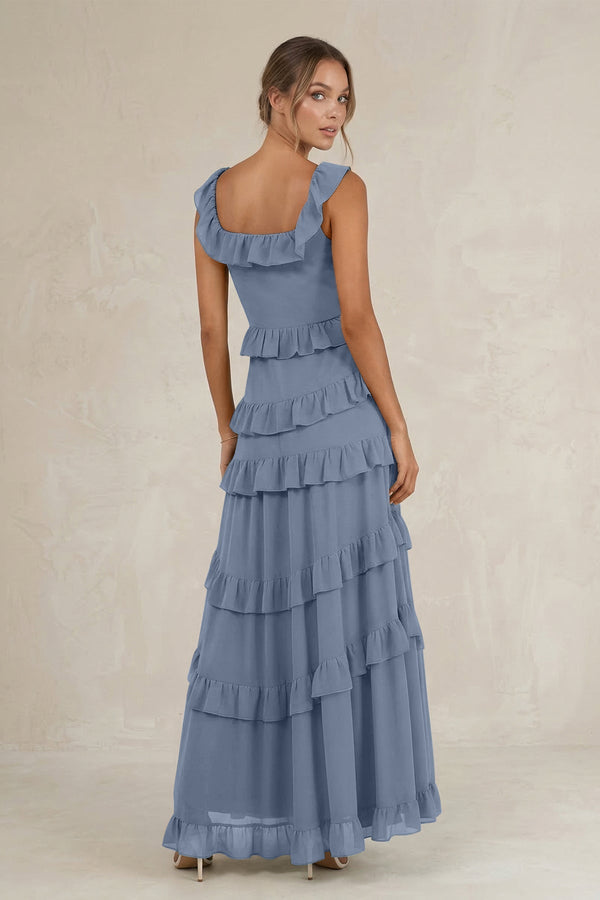 Tiered Square Neck Ruffled A - Line Bridesmaid Dress in Neptune - KissProm Bridesmaid Dresses