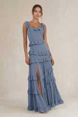 Tiered Square Neck Ruffled A - Line Bridesmaid Dress in Neptune - KissProm Bridesmaid Dresses