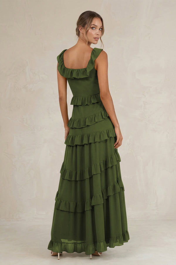 Tiered Square Neck Ruffled A - Line Bridesmaid Dress in Olive - KissProm Bridesmaid Dresses