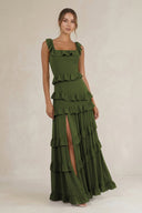 Tiered Square Neck Ruffled A - Line Bridesmaid Dress in Olive - KissProm Bridesmaid Dresses
