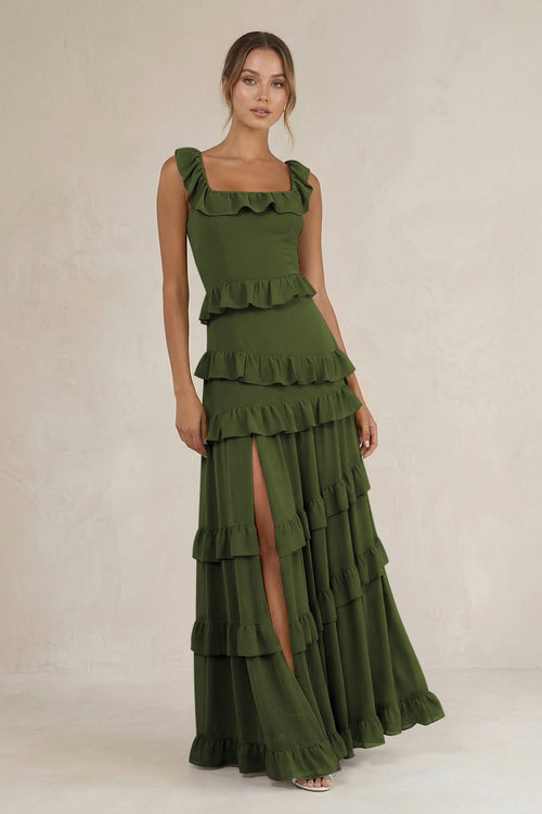 Tiered Square Neck Ruffled A - Line Bridesmaid Dress in Olive - KissProm Bridesmaid Dresses