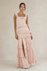 Tiered Square Neck Ruffled A - Line Bridesmaid Dress in Pale Blush - KissProm Bridesmaid Dresses