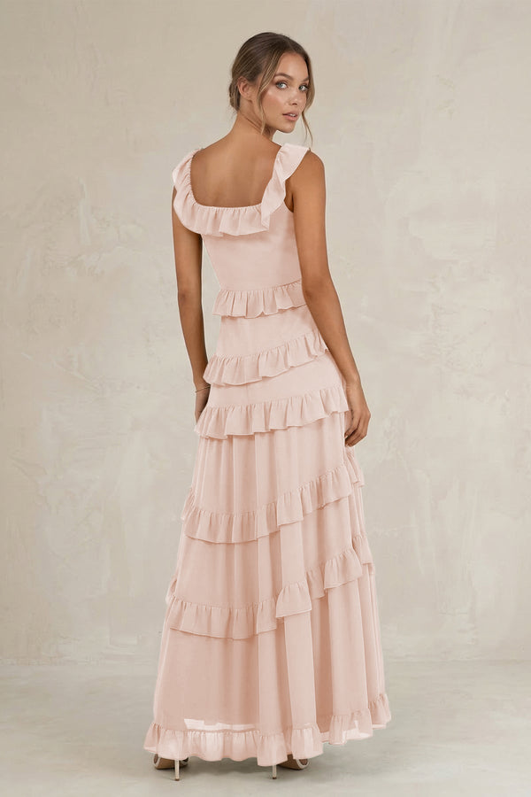 Tiered Square Neck Ruffled A - Line Bridesmaid Dress in Pale Blush - KissProm Bridesmaid Dresses